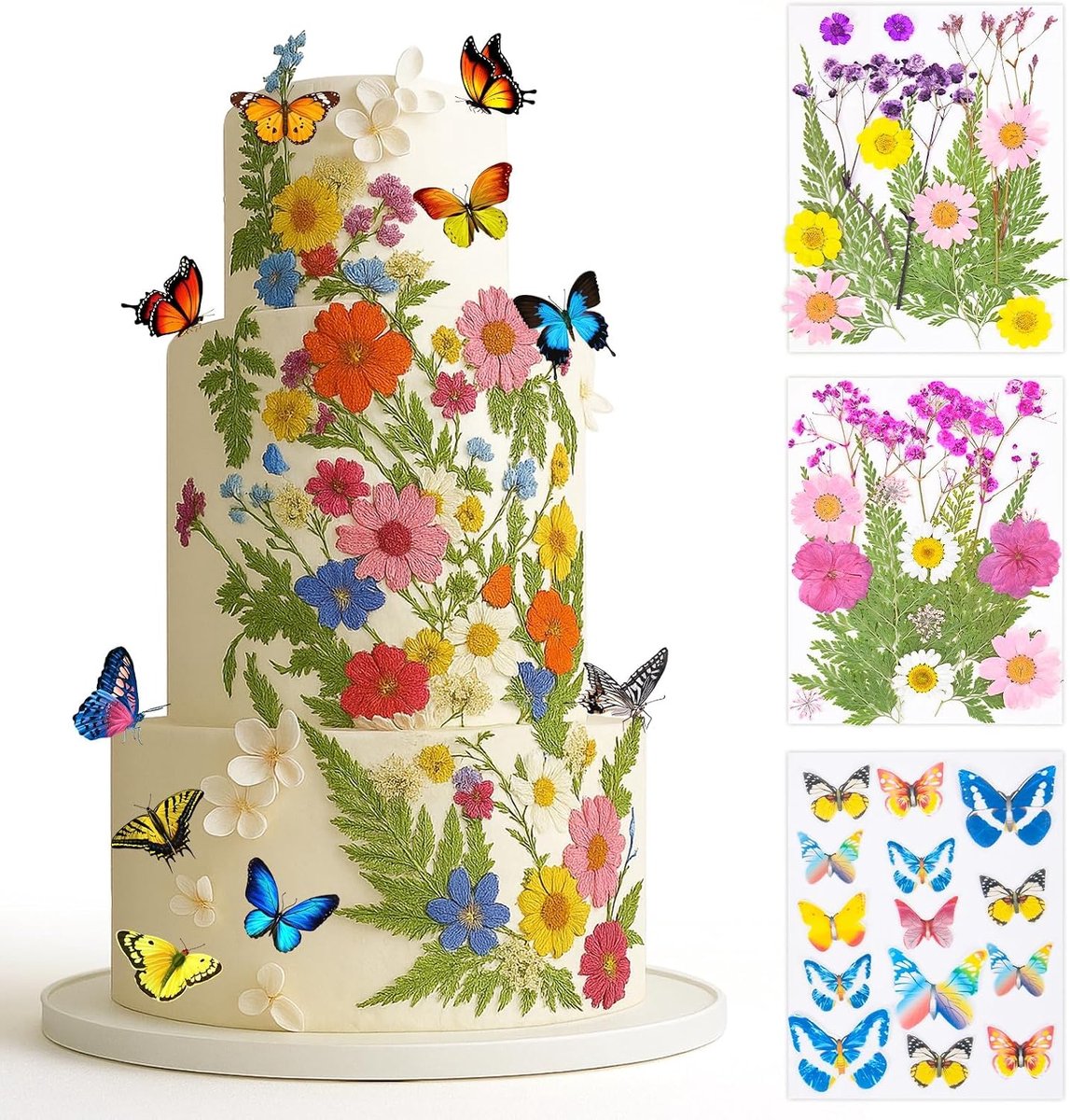 Cake decoratie bloemen set - gedroogde bloemen en eetbare vlinders - boho cake decoratie - perfect voor bruiloften - ShopVlot