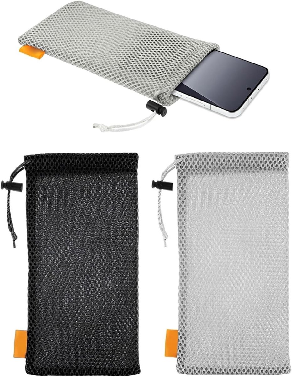 Set van 2 praktische netvakken met trekkoord, multifunctionele tas voor smartphone, powerbank en sleutels, grijs/zwart