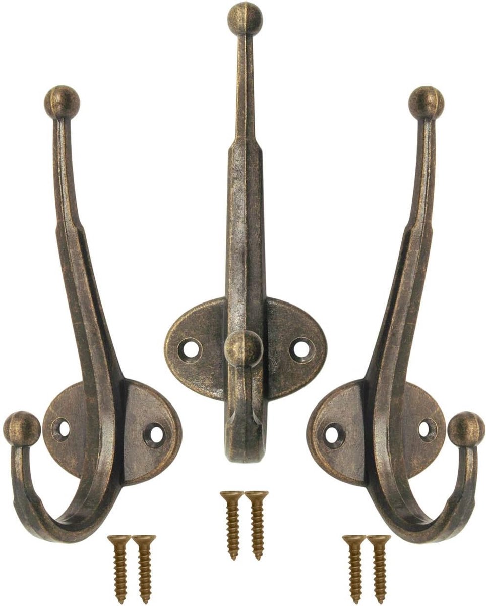 Kledinghaken set van 3 - gietijzer - vintage retro design - ideaal voor jassen en hoeden - ShopVlot