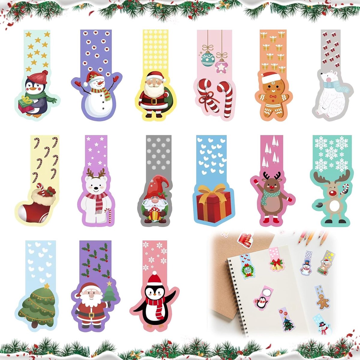 Boekmarkeringen voor kinderen 30 stuks - Magnetische kerstdesigns - Kleurige bladzijden - Verhoogt leesplezier - ShopVlot