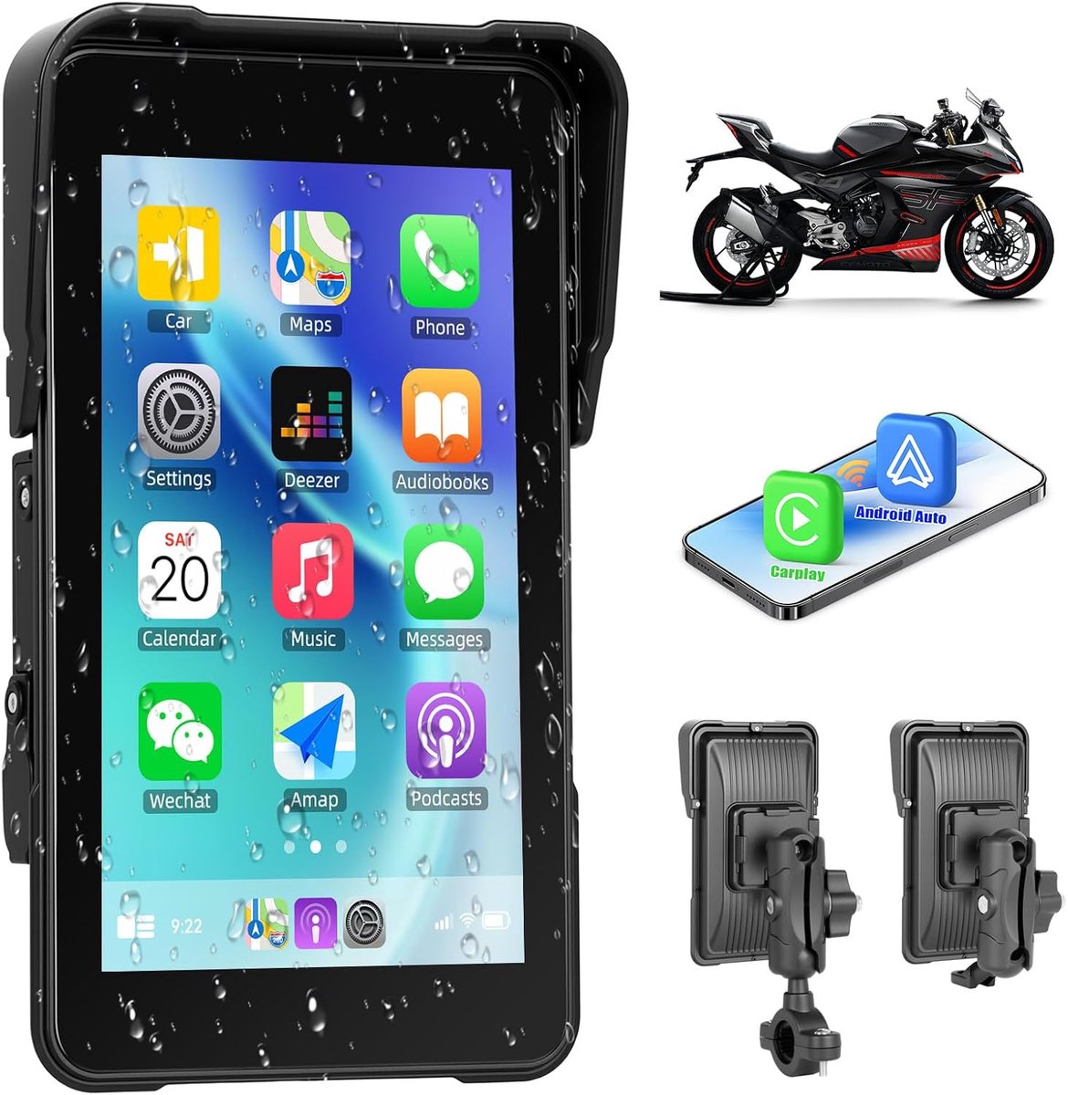 Navigatiescherm 5 inch - draadloos Carplay - IP68 waterdicht - Bluetooth display voor motoren - ShopVlot