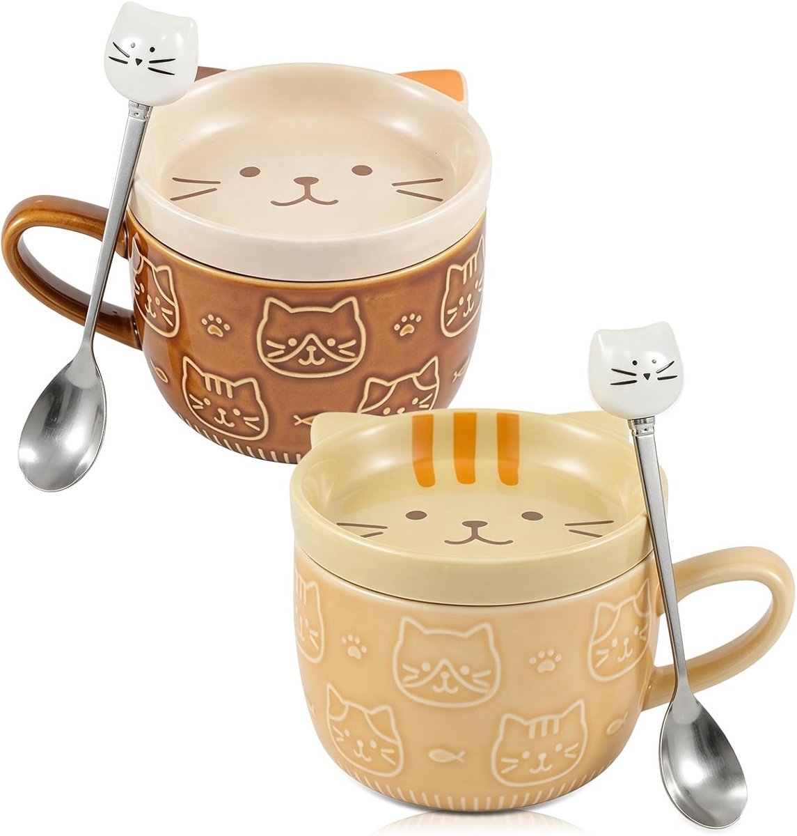Set van 2 keramische kattenkopjes van 300 ml met deksel en lepel voor koffie en thee, perfect als cadeau voor kattenliefhebbers en feestdagen