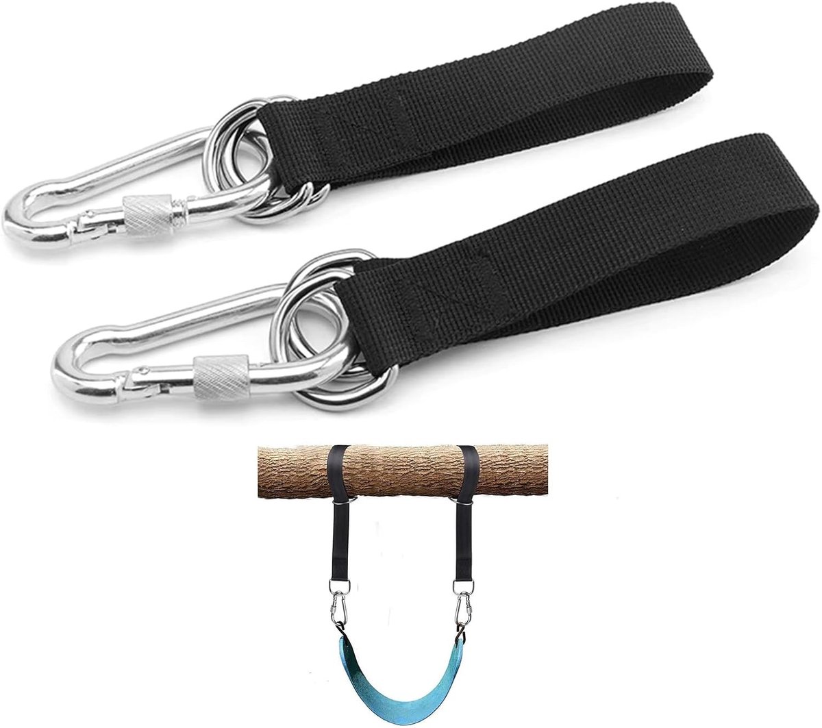 Set van 2 scheurbestendige nylon riemen voor hangmat en schommel - bevestigingsset met karabiners en D-ringen van staal, perfect voor binnen en buiten gebruik, schommel bevestigen, duurzame bevestigingsmaterialen, veelzijdige hangoplossingen