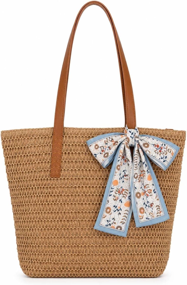 Strandtas voor dames - grote rotan handtas - bruin met riem - perfect voor een dagje strand - ShopVlot