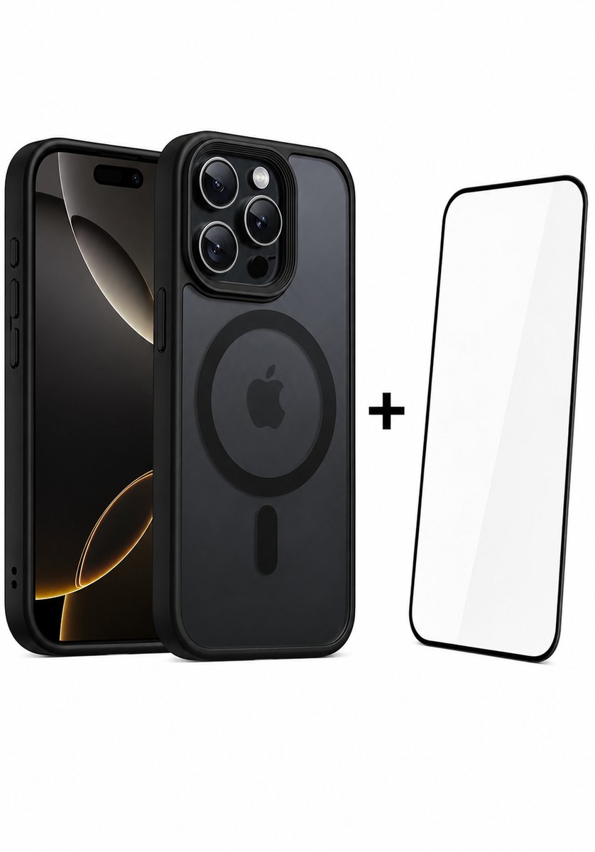 Hoesje - Geschikt voor Apple iPhone 16 Pro Max - 2 in 1 Set - Screenprotector geschikt voor iPhone 16 Pro Max - MagSafe geschikt - Shockproof - Slank - Inclusief Glasprotector voor iPhone 16 Pro Max - Transparant Mat Zwart