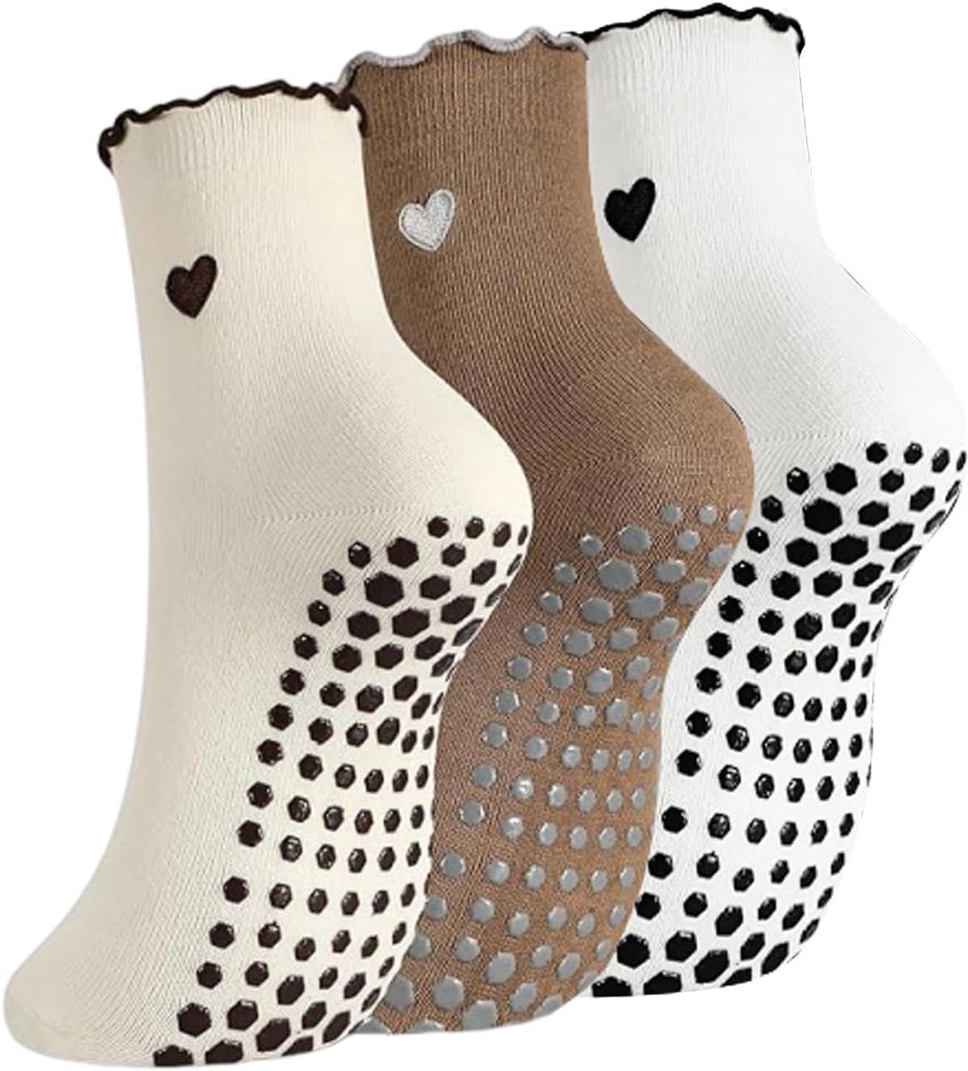 Yogakousen Dames - Antislip Katoen - Ruches en Hartpatroon - Ideaal voor Dans en Fitness - ShopVlot