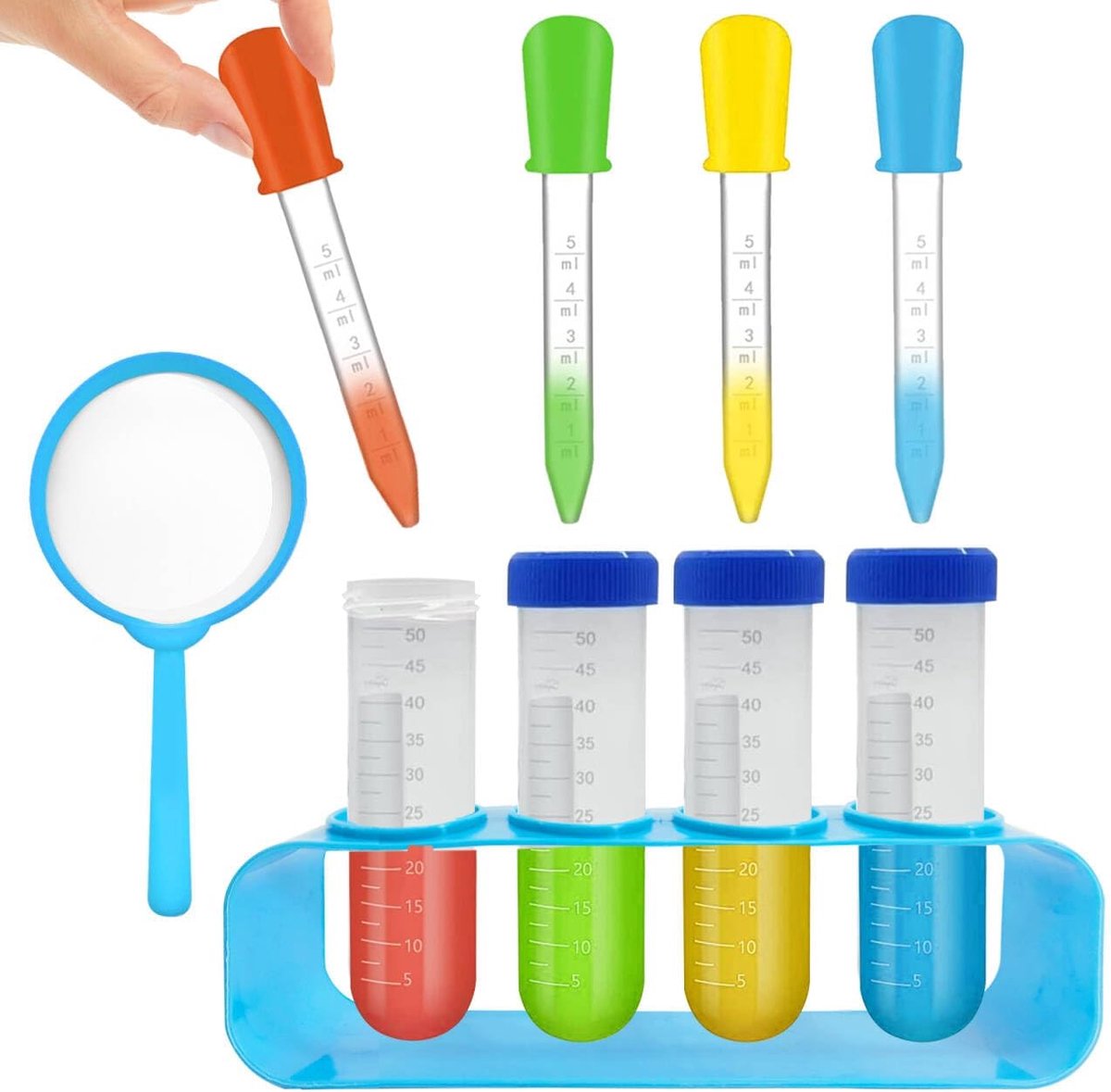 Testbuizen Kids - Grote plastic testbuizen met standaard - Inclusief pipetten en vergrootglas - ShopVlot