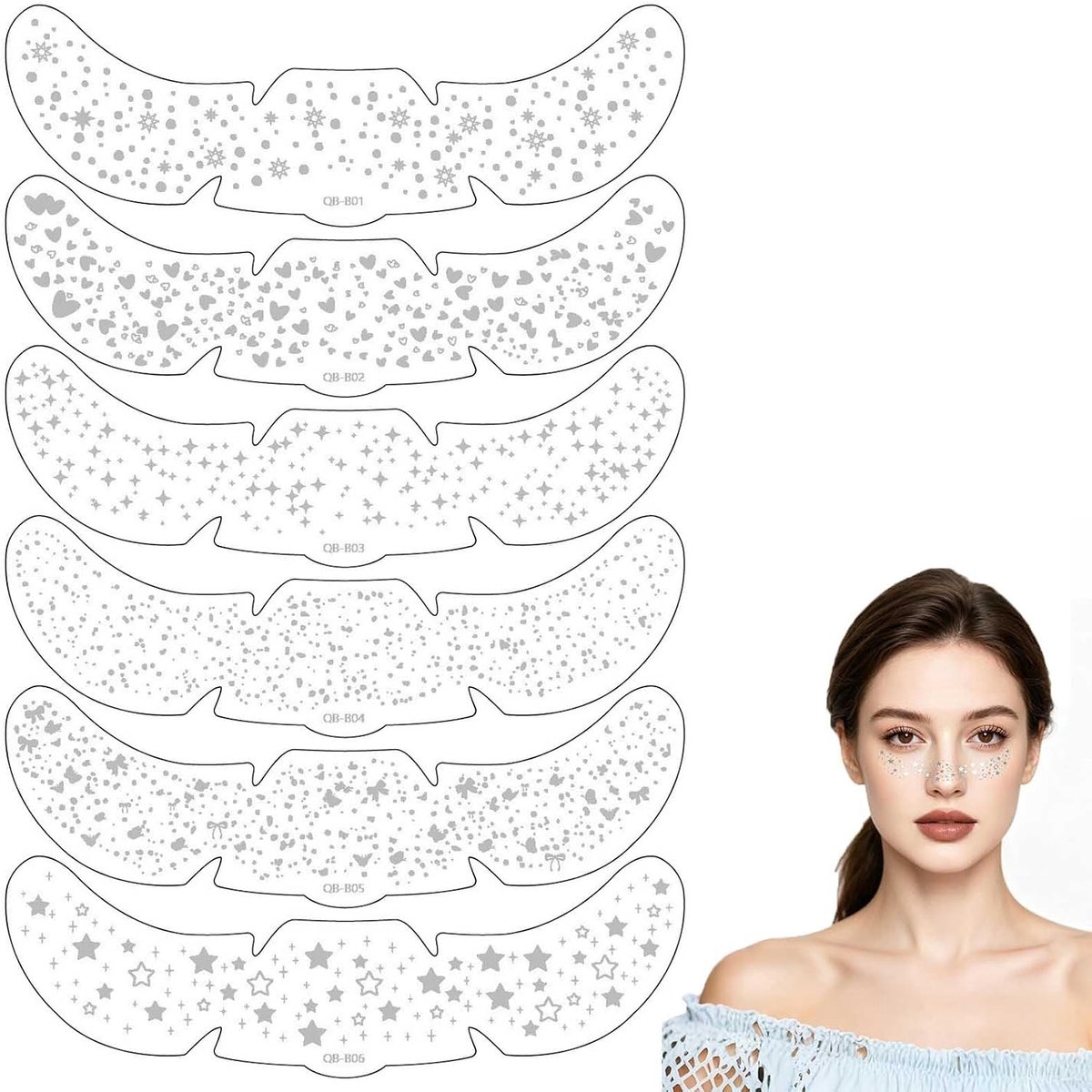 Glittertatoeages gezicht 6 stuks - zilvervisjes - waterdicht - voor een feestelijke uitstraling - ShopVlot