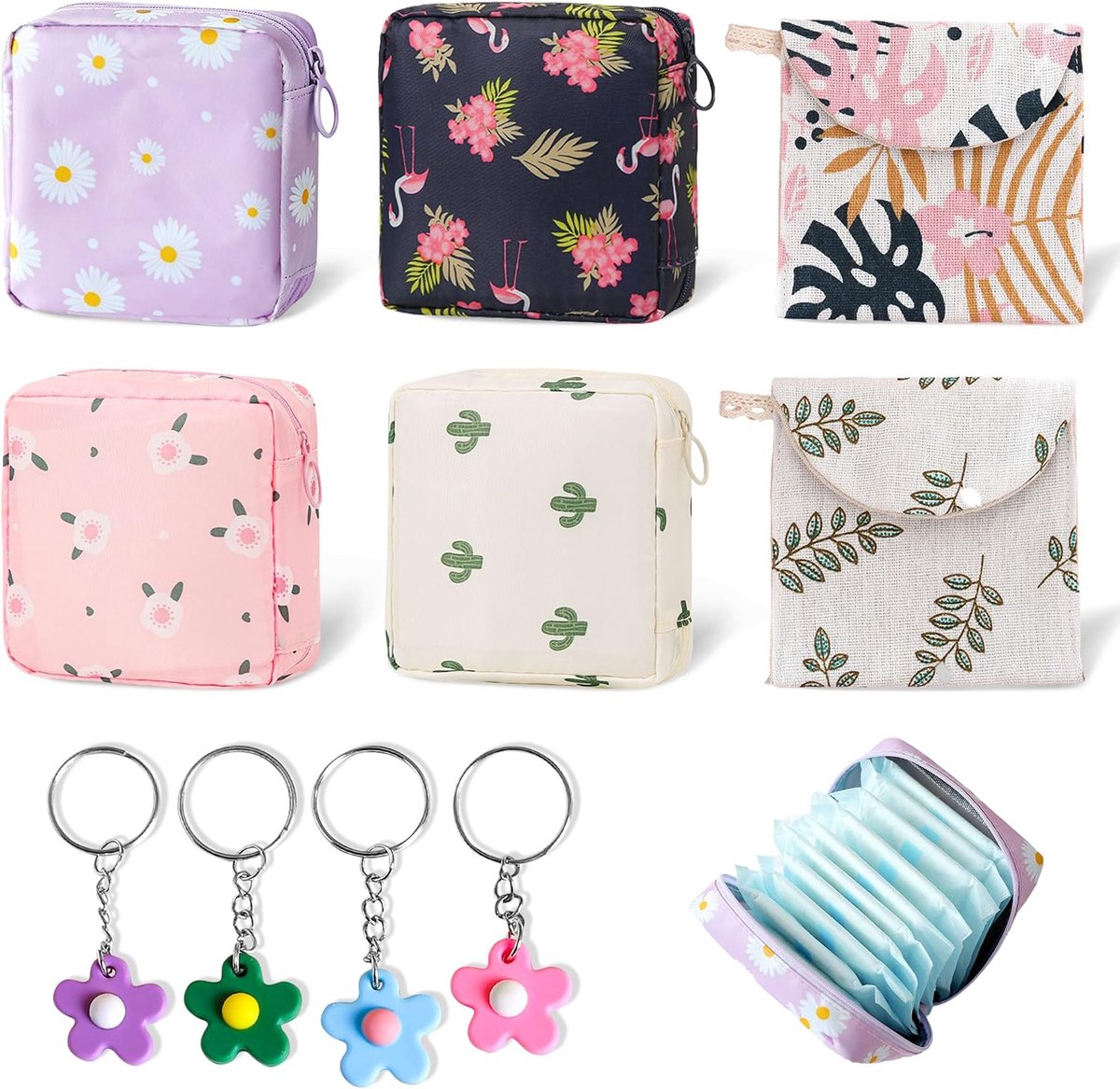 Menstruatiezakje Set van 6 - Zipper - Inclusief 4 Bloem Sleutelhangers - Handig voor Organisatie - ShopVlot