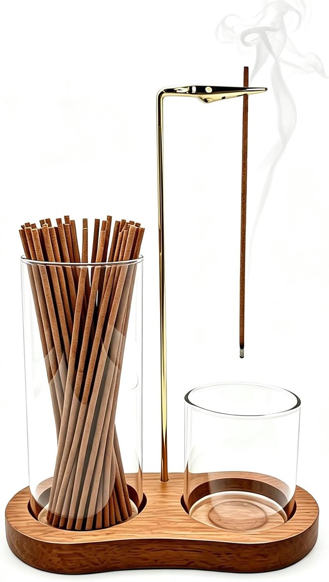 Wierookhouder met glazen asvanger - hout - asvrij - perfect voor meditatie - ShopVlot