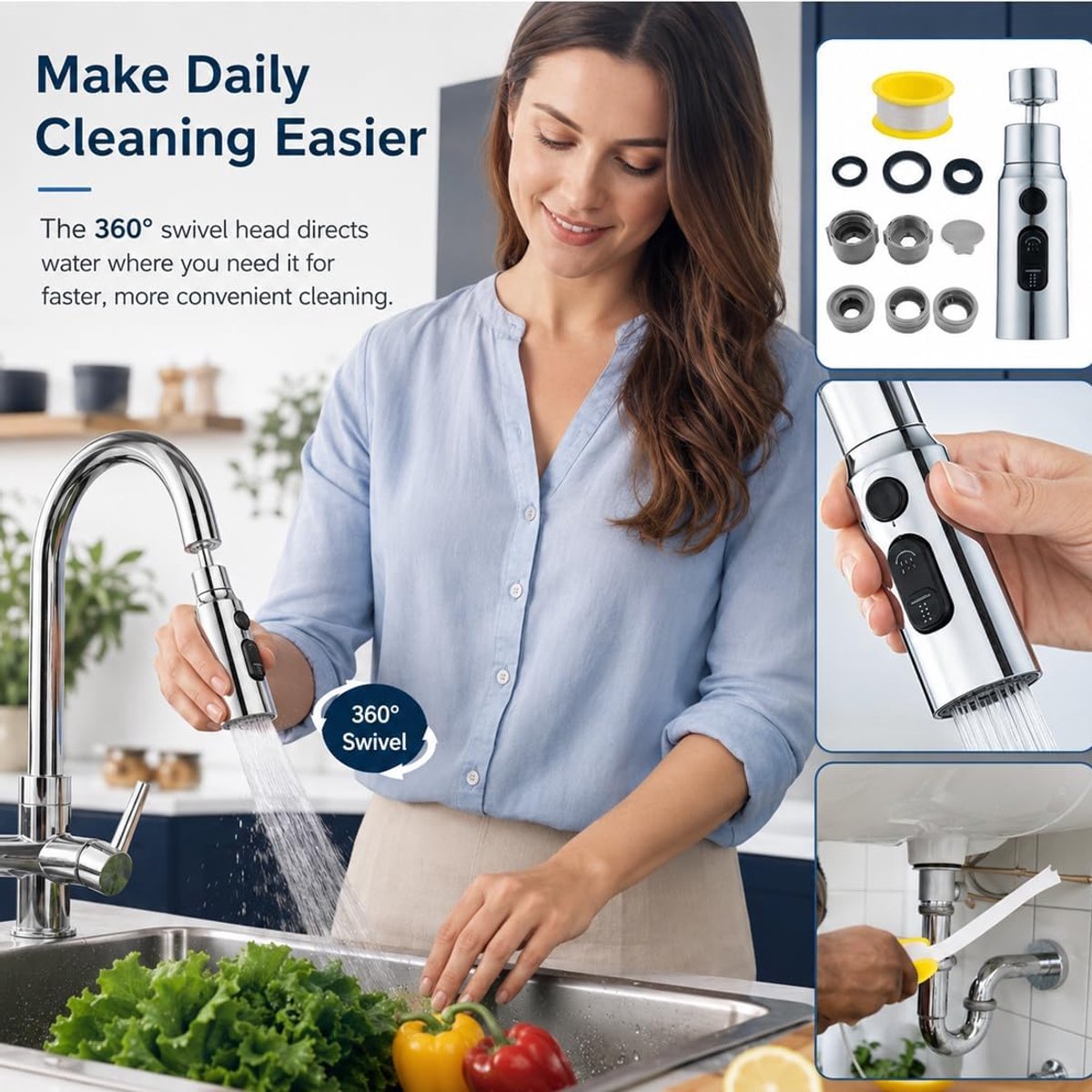 Kraanverlenging 3-in-1 - 360° draaibare sproeier - 3 waterstraalmodi - ideaal voor keuken en badkamer - ShopVlot