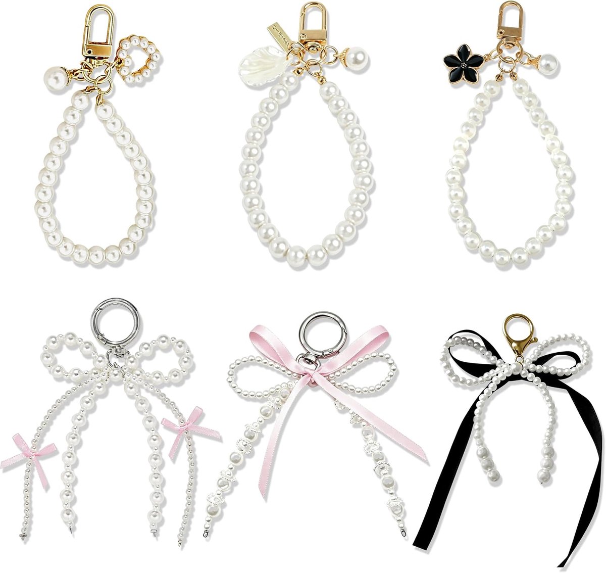 Sleutelhanger met strik - 6 stuks parel strik sleutelhangers - tasversieringen - ShopVlot