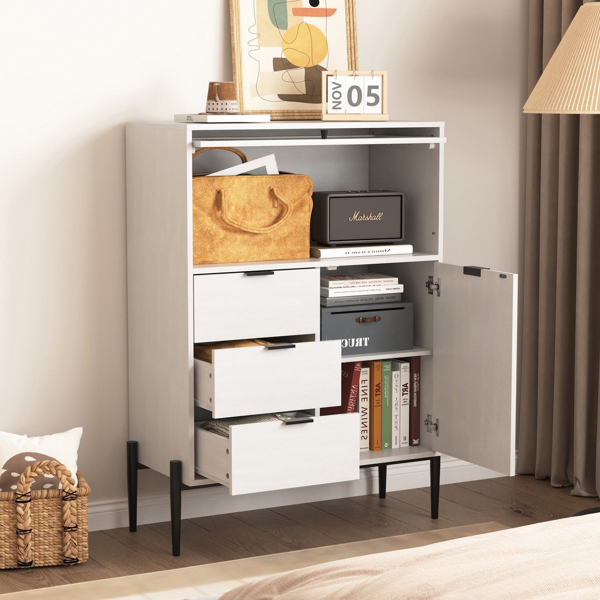 COVREO Dressoir 85x40x120 cm wit, spaanplaat met 3 lades en glasdeur