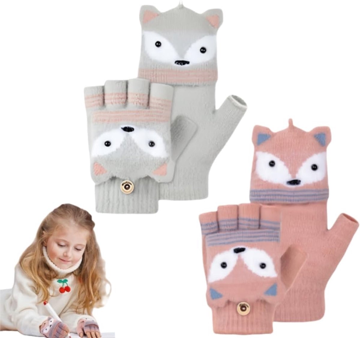 2 Pairs Children's Fingerless Gloves Cartoon Gloves Convertible Flip Top Half Finger Mitts Winter Stretch Warm Knitted - ShopVlot