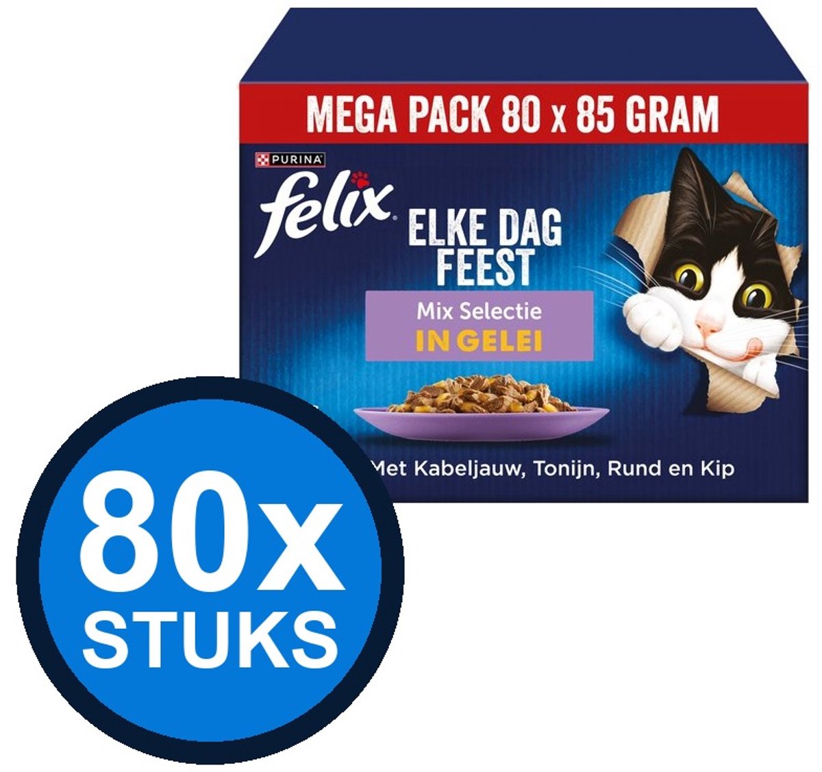 80x Felix Elke Dag Feest - Mix Selectie in Gelei - Mega Pack - Kattenvoer - 85g