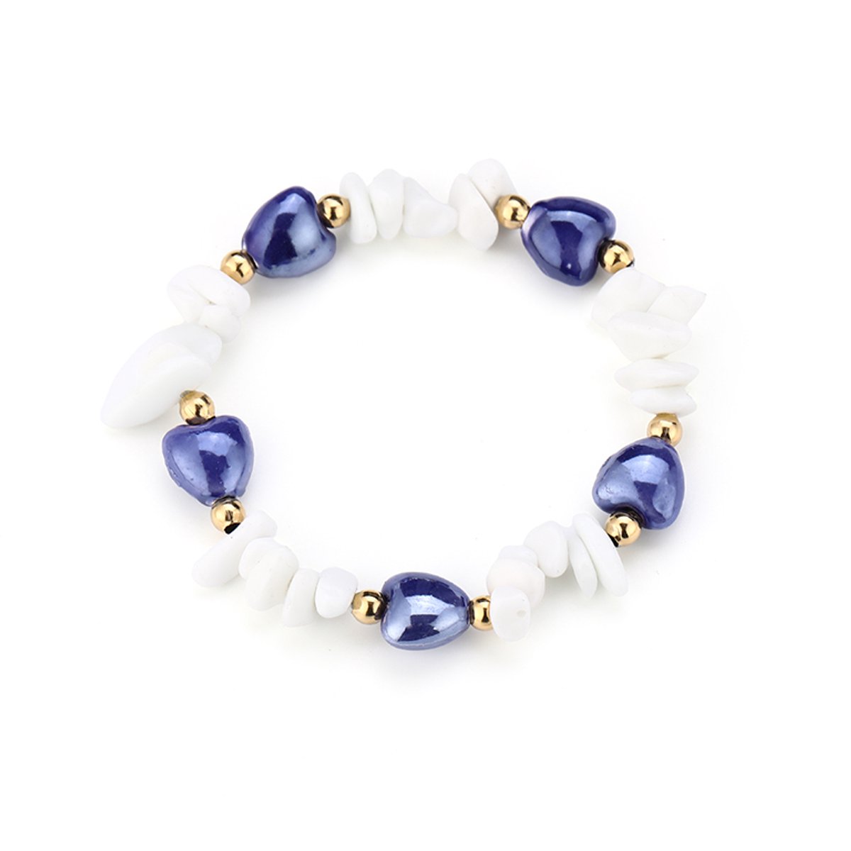 Matthew Studio® Armband Dames - Kralen Armband - Blauwe en Witte Kralen - Goudkleurige Details - RVS - Hartjes