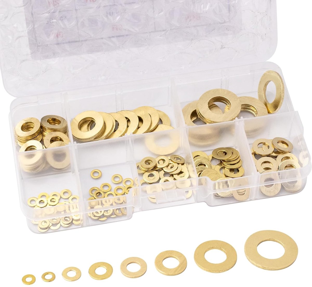 180 Pieces Brass Washers Set - 8 Sizes M2 M2.5 M3 M4 M5 M6 M8 M10 - Metal Flat Washers Combination Set with Storage Box - ShopVlot