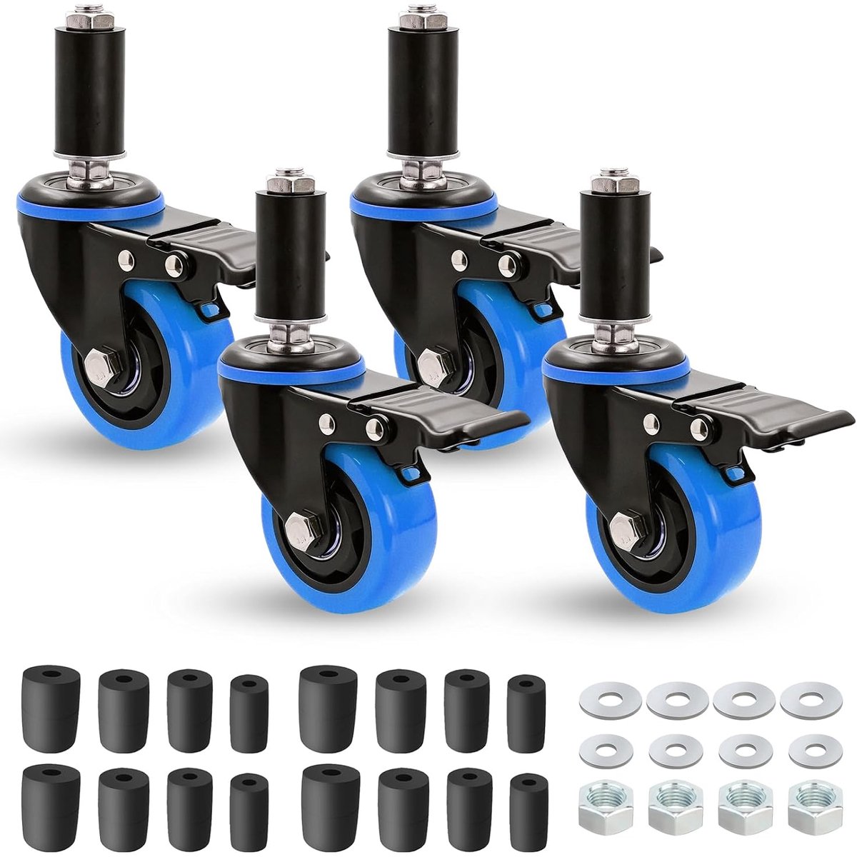 75 mm zware wielenset met rem, blauw, 10 cm, 350 kg draagkracht, geschikt voor buispoten van 23 mm/28 mm/34 mm/40 mm - ShopVlot
