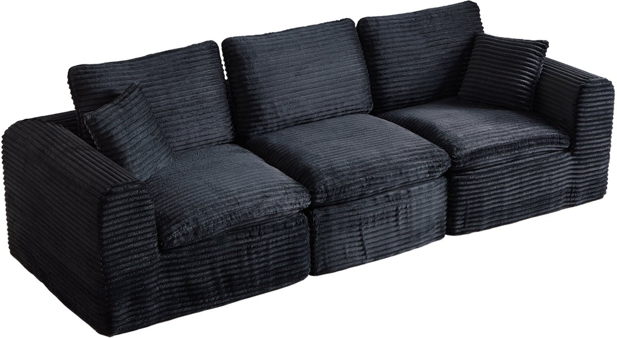 OKWISH Hoekbank 3-Zits - Modulaire 3-In-1 Opstelling Met Slaapfunctie - Voor Woonkamer En Studio - Ribfluweel - Zwart Blauw