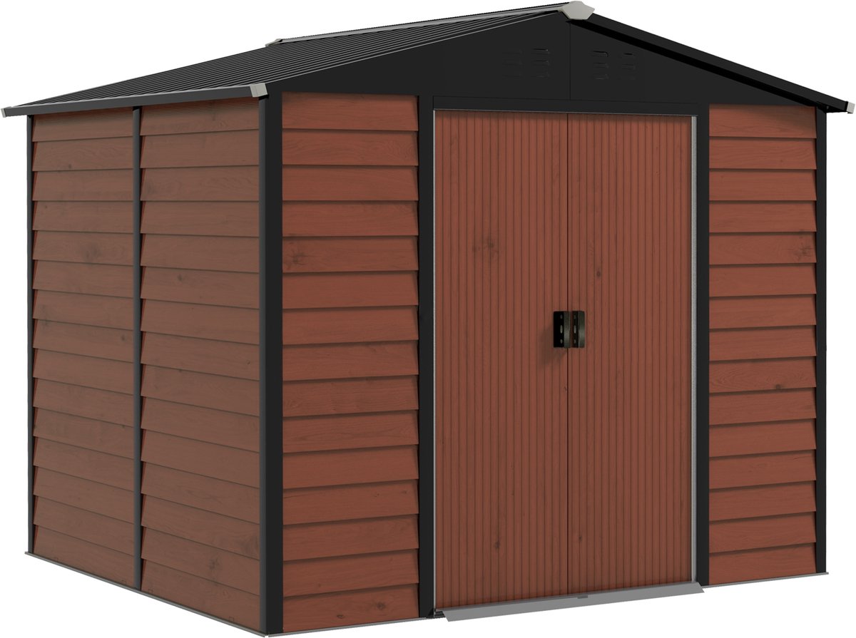 Zubaliya Gereedschapsschuur van staal – schuifdeuren en lessenaarsdak – 240 x 206 x 198 cm – Teakkleur