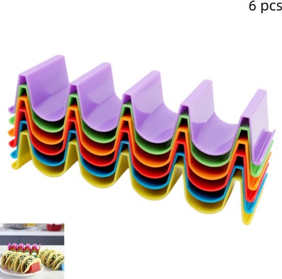 Stapel van zes veelkleurige tacohouders in paars, groen, oranje, rood, blauw en geel.