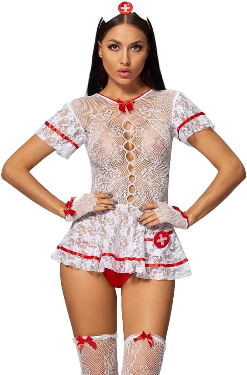 Verpleegsterskostuum dames - transparant kant - sexy bodysuit - perfect voor rollenspel - ShopVlot