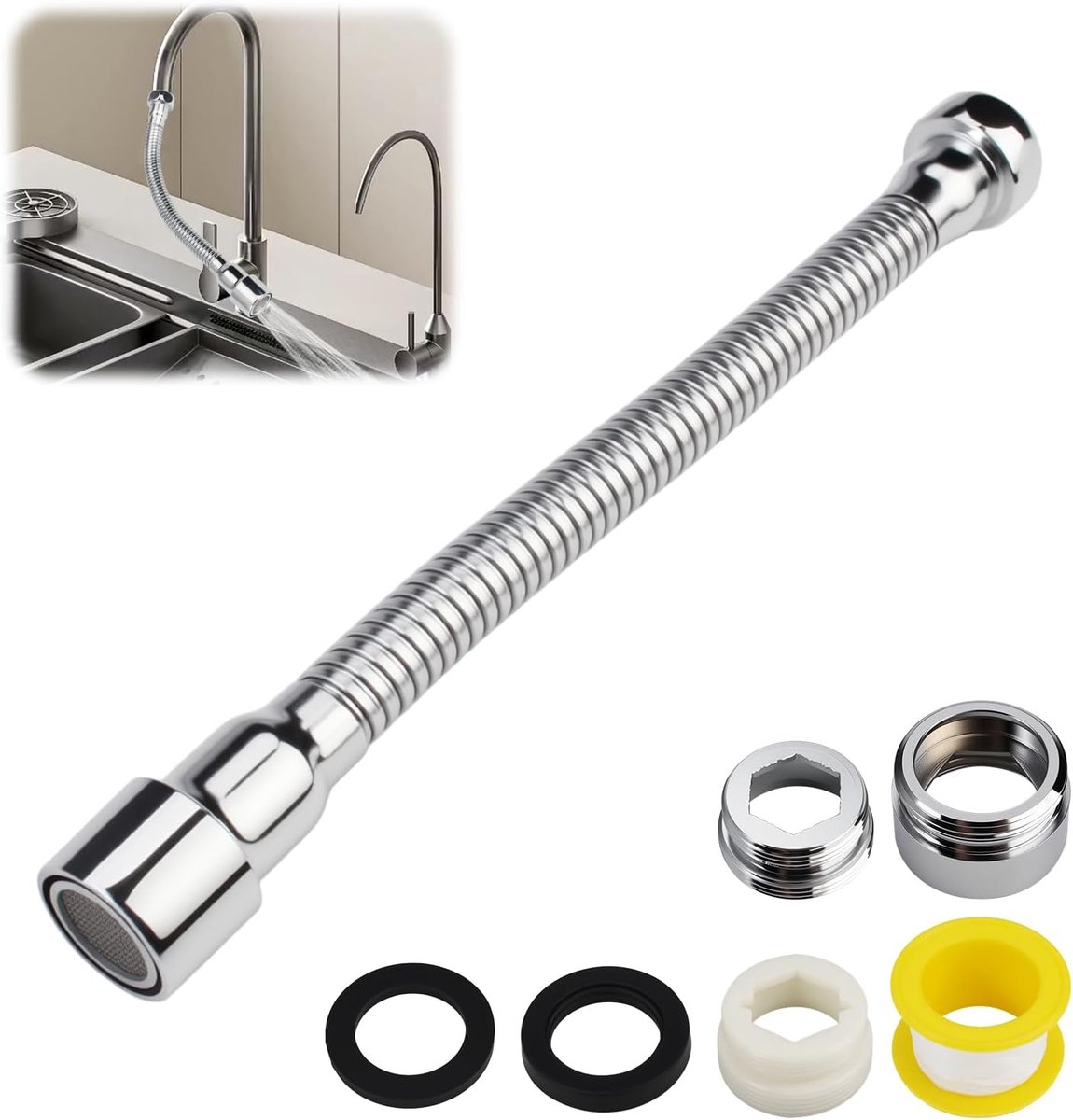 Waterkraan verlenging 22cm - RVS en ABS - 360° draaibare sproeikop - ideaal voor keuken en badkamer - ShopVlot