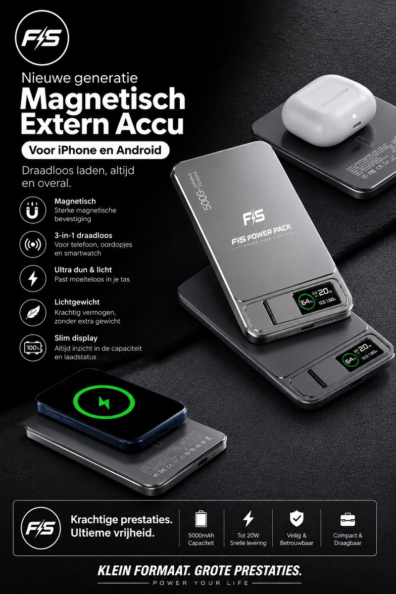 Ultra Slank Aluminium Magnetische Draadloze Powerbank 5000mAh / 10000mAh –Snellader-Fast Charging, Led Display, Portable, Ultra Slim 22.5W Snelladen – 15W MagSafe Draadloos – FS Power Pack Aluminium – Telefoonstandaard – LED Display – Oranje/Zilver — cadeau in Elektronica - foto 6