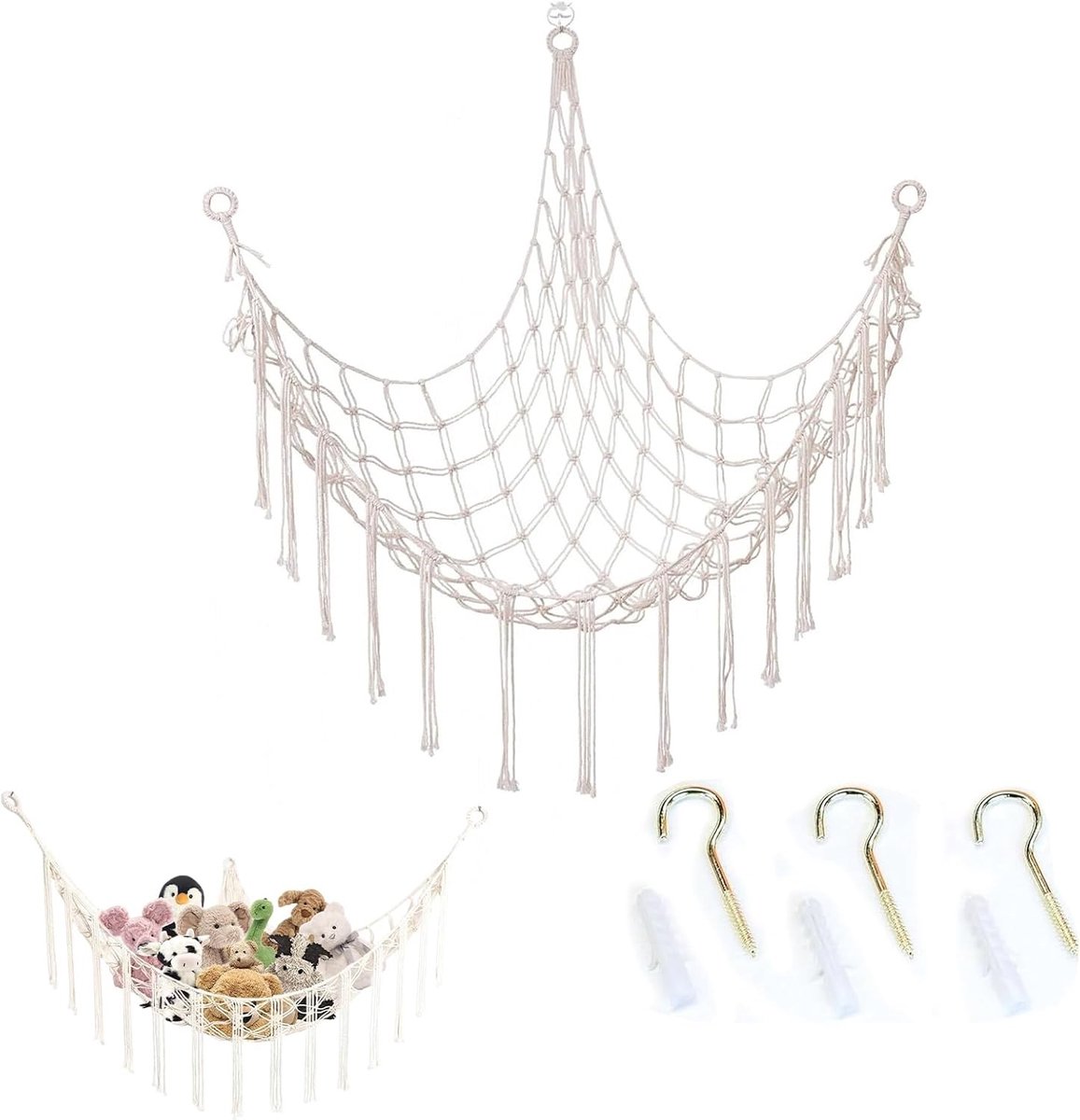 Knuffeldier Hangmat, Bohemian Lace Cuddle Hangmat voor Pluche Speelgoed, Duurzaam en Scheurvast, Ideaal voor Kinderkamer Opslag (Beige)