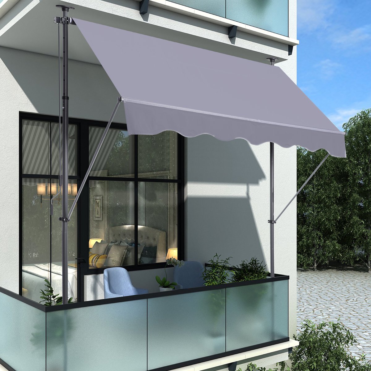 DESMIU Klemmmarkise – Verstelbare Hoek En Hoogte – 200 x 120 cm – Aluminium En Metaal – Grijs – Balkonbescherming Tegen Zon En Regen