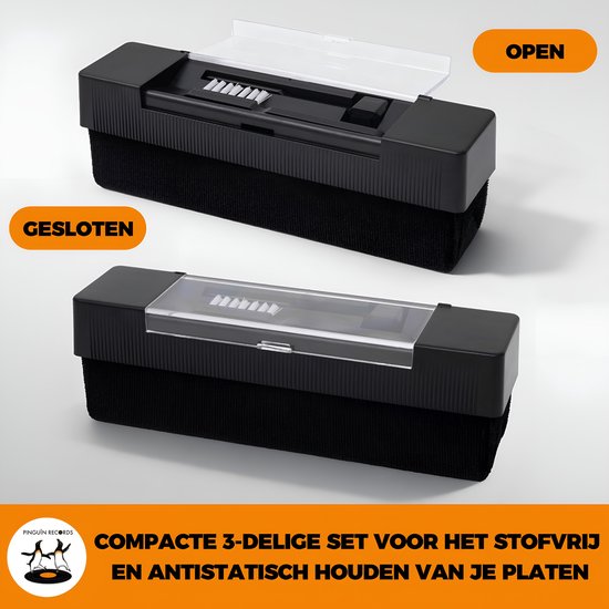 Zwarte vinyl borstel, gesloten en open posities. Met transparant deksel.