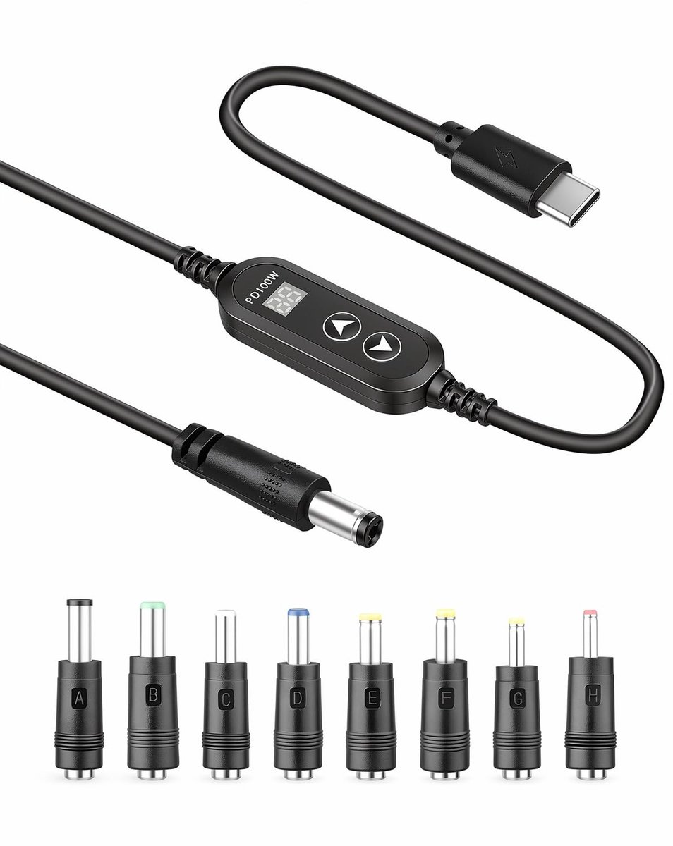 100 W PD USB C naar DC 5,5 x 2,1, 8 punten, led, 1,2 m - Uitgang 12 V, instelbare spanning, met led-indicator; - ShopVlot