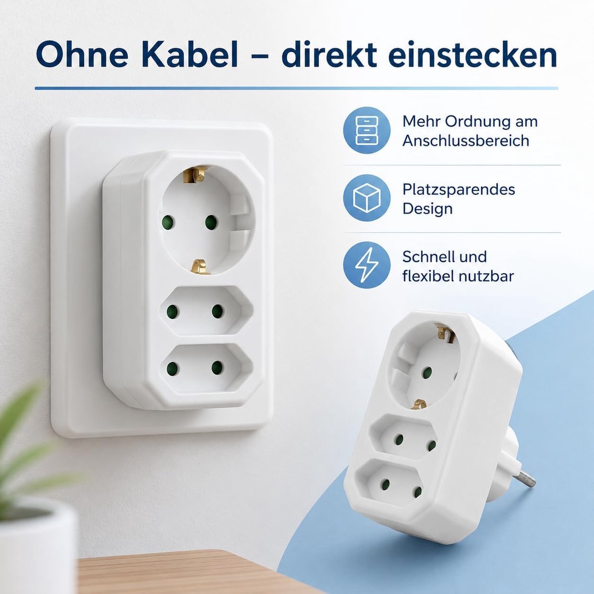 TAKUZA Stopcontactadapter, 3-voudig, meervoudige stekker voor stopcontact met 1 Schuko en 2 eurostekkers, 3500 W - ShopVlot