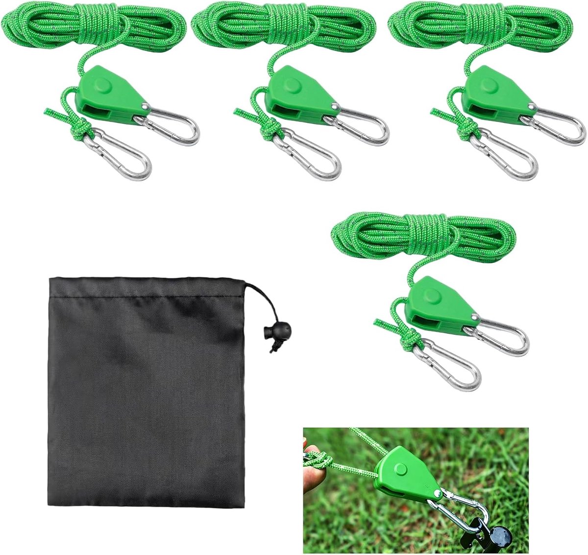 4 stuks 4 mm Paracord reflecterende tent scheertouwen, 4 m verstelbaar ratel campingtouw met katrol, zwaar belastbaar - ShopVlot