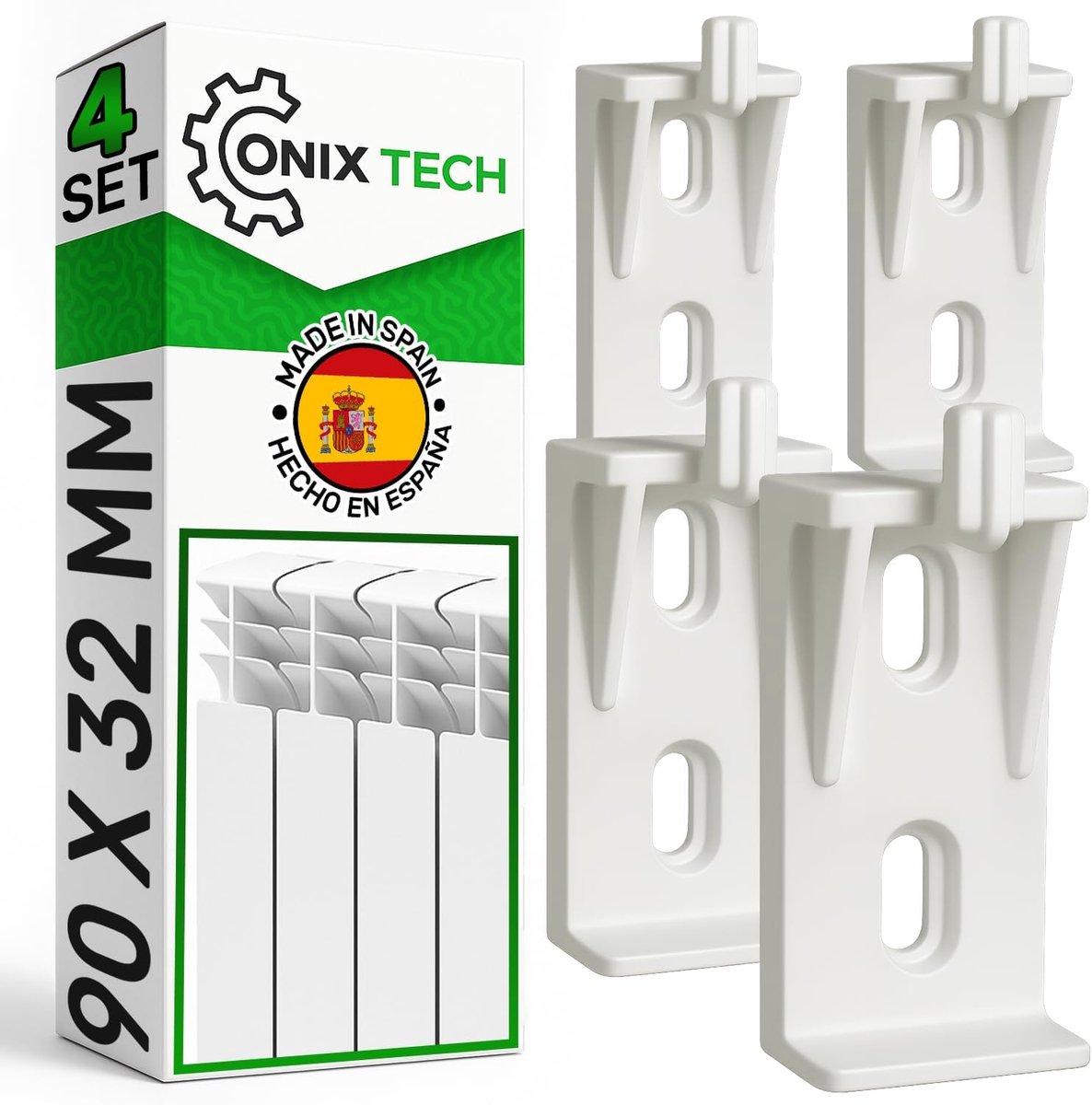 Pack of 4 aluminium wall radiator brackets, made of high-strength plastic, 90 x 32 mm. ONIX TECH - ShopVlot