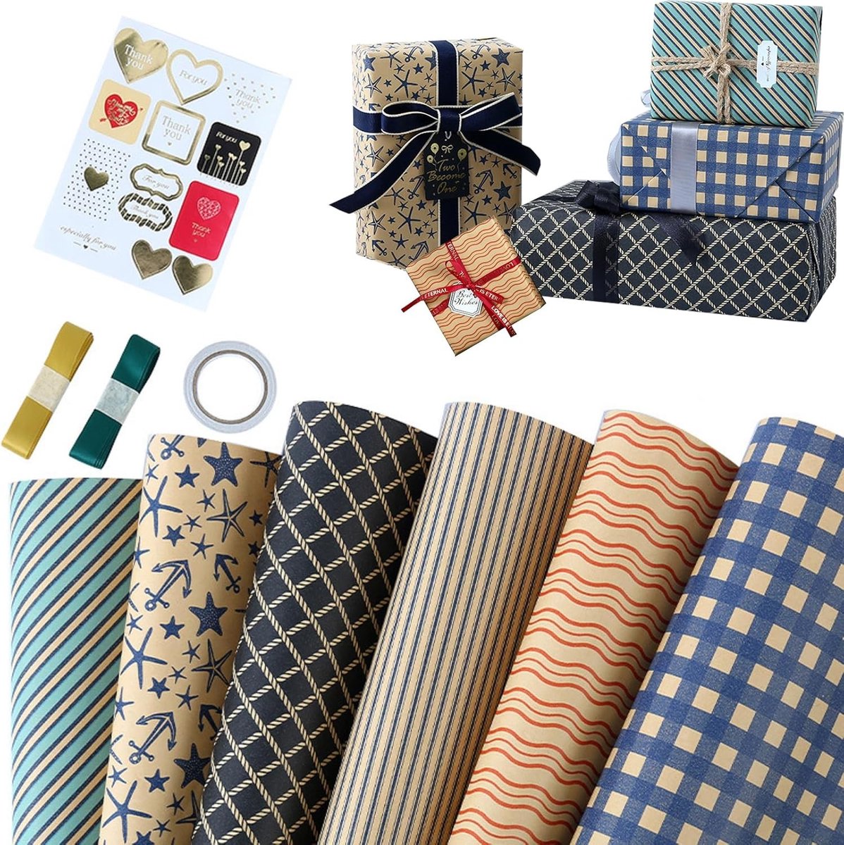 Verjaardagscadeau Inpakset, 70 x 50 cm, Vouwbare Cadeaupapier, 6 Vellen Geometrisch Patroon voor Mannen, DIY Cadeauverpakking met Hangers en Linten voor Feestdagen en Verjaardagen