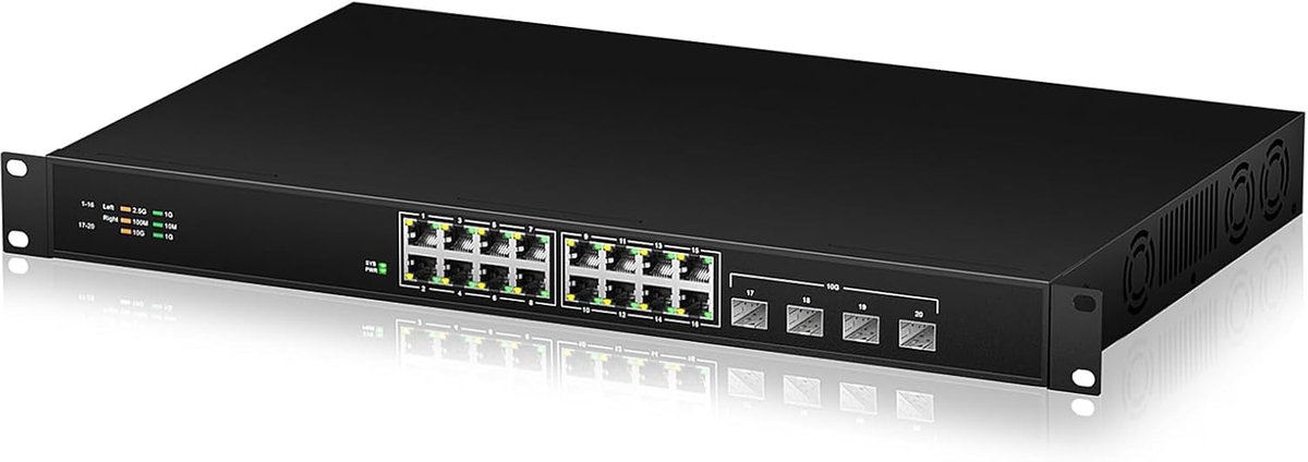 16 Port 2.5G Ethernet Network Switch, 16 RJ-45 Ports 2.5GB, 4 x 10G SFP Slots, Desktop/Rack Mount, Fanless Metal - ShopVlot