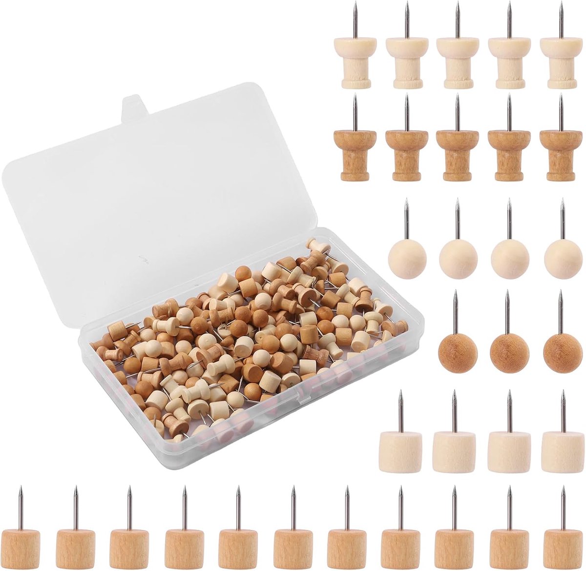 Houten punaises, 150 stuks, houten kop, inclusief opbergdoos, markeringspinnen voor kurkbord, wereldkaart, kantoor - ShopVlot