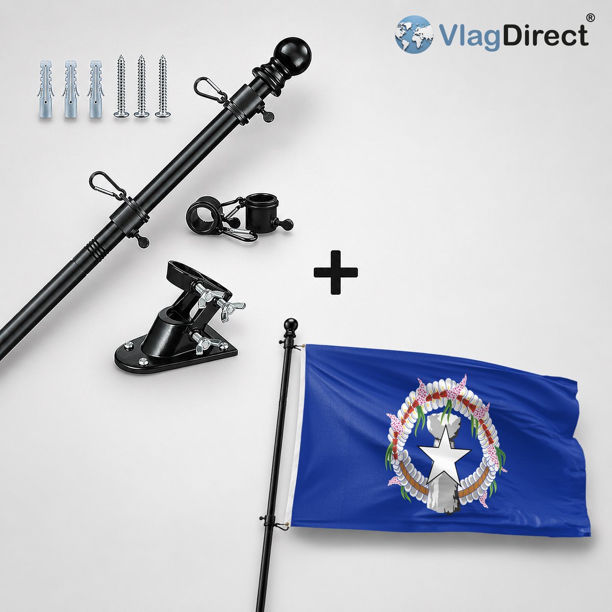 VlagDirect - Compleet vlaggenpakket - Zwarte vlaggenstok inclusief vlaggenstokhouder + Noordelijke-Mariaanse vlag - Noordelijke Marianen vlag - 90 x 150 cm.