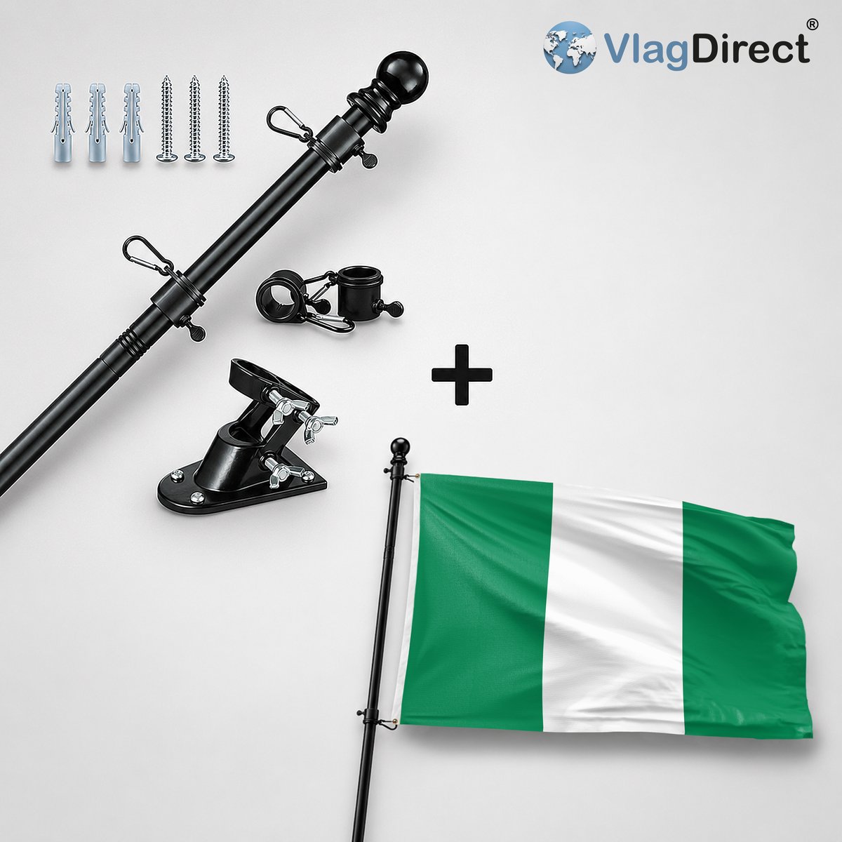 VlagDirect - Compleet vlaggenpakket - Zwarte vlaggenstok inclusief vlaggenstokhouder + Nigeriaanse vlag -Nigeria vlag - 90 x 150 cm.