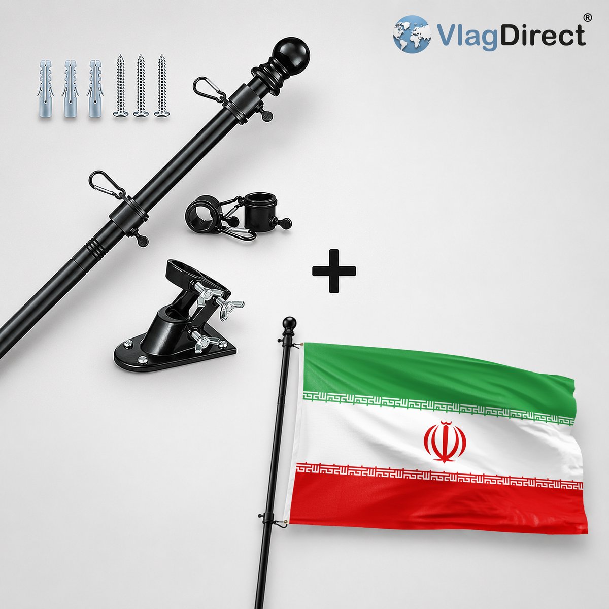 VlagDirect - Compleet vlaggenpakket - Zwarte vlaggenstok inclusief vlaggenstokhouder + Iraanse vlag - Iran vlag - 90 x 150 cm.