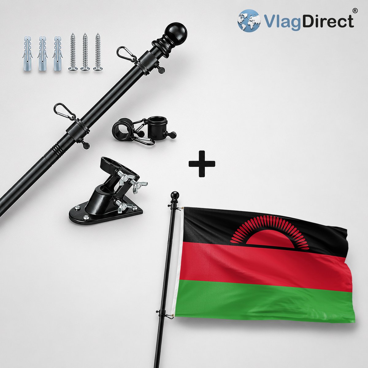 VlagDirect - Compleet vlaggenpakket - Zwarte vlaggenstok inclusief vlaggenstokhouder + Malawische vlag - Malawi vlag - 90 x 150 cm