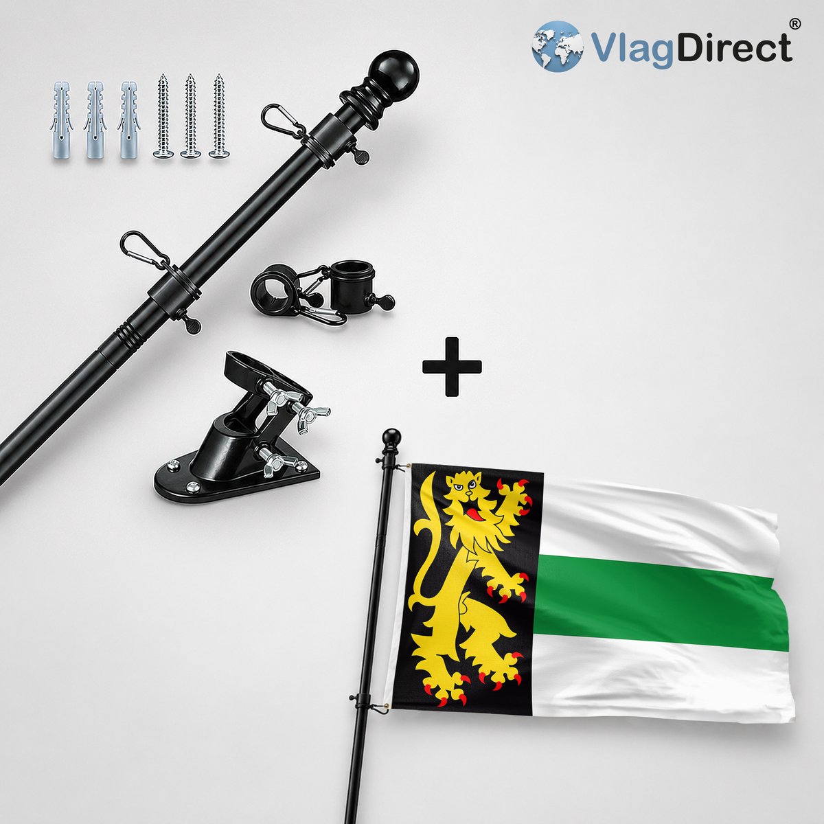 VlagDirect - Compleet vlaggenpakket - Zwarte vlaggenstok inclusief vlaggenstokhouder + Druten vlag - Gemeente Druten vlag - 90 x 150 cm.