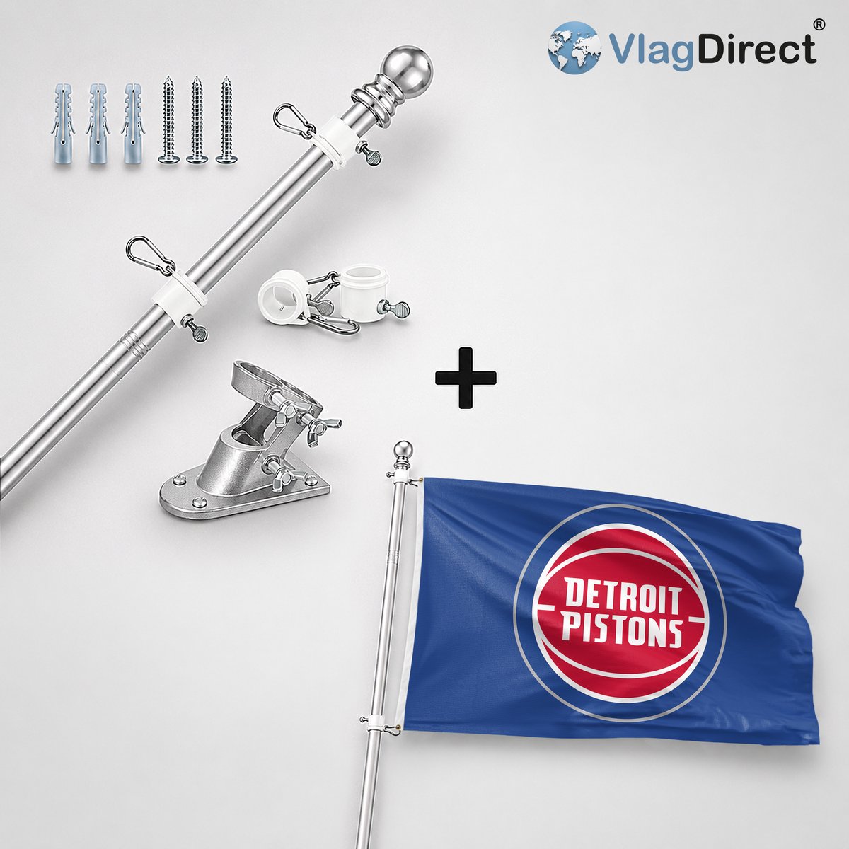 VlagDirect - Compleet vlaggenpakket - Zilveren vlaggenstok inclusief vlaggenstokhouder + Detroit Pistons vlag - Detroit pistons basketbalteam vlag - 90 x 150 cm.