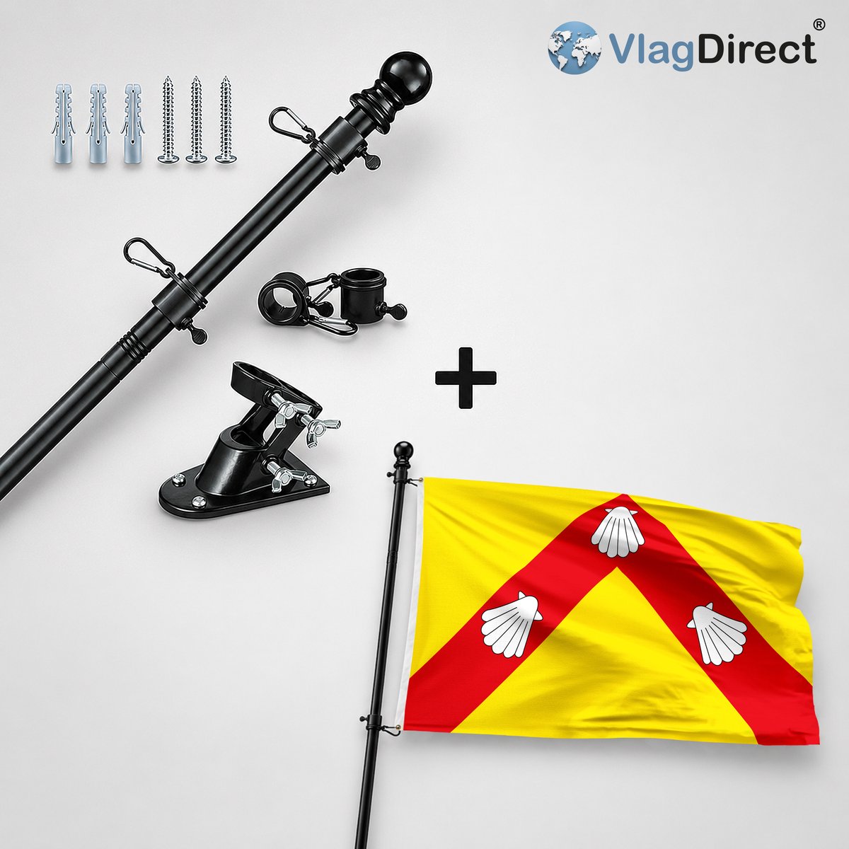 VlagDirect - Compleet vlaggenpakket - Zwarte vlaggenstok inclusief vlaggenstokhouder + Zedelgemse vlag - Gemeente Zedelgem vlag - 90 x 150 cm.