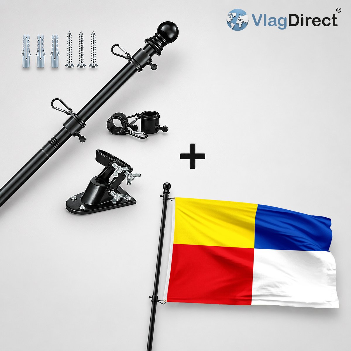 VlagDirect - Compleet vlaggenpakket - Zwarte vlaggenstok inclusief vlaggenstokhouder + Gemeente Manage vlag - 90 x 150 cm.
