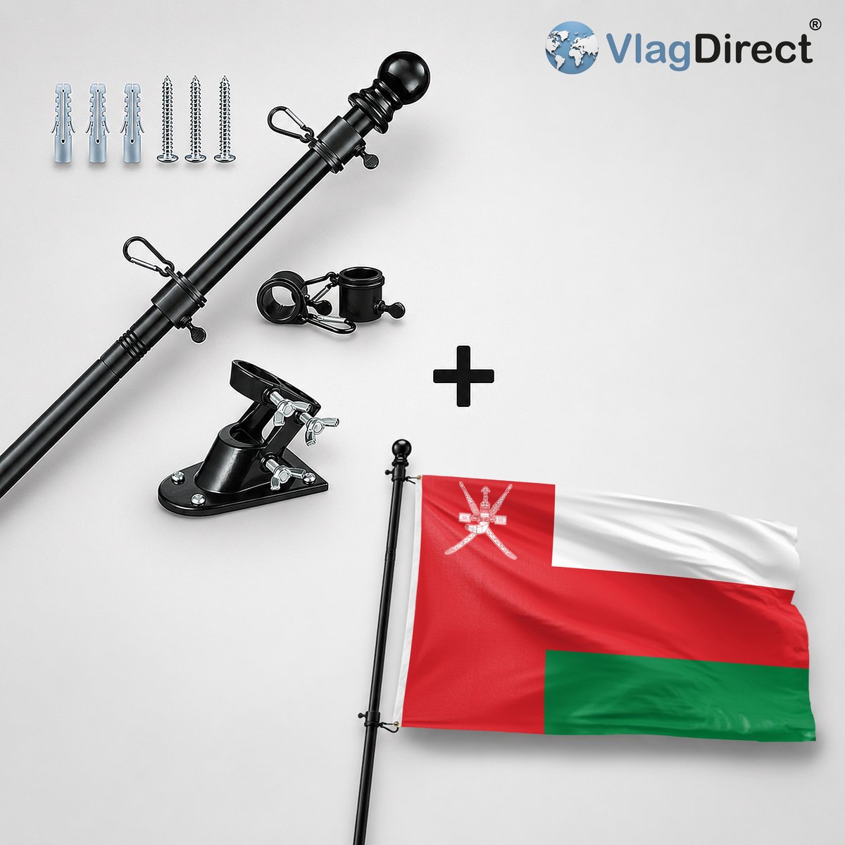 VlagDirect - Compleet vlaggenpakket - Zwarte vlaggenstok inclusief vlaggenstokhouder + Omaanse vlag - Oman vlag - 90 x 150 cm.
