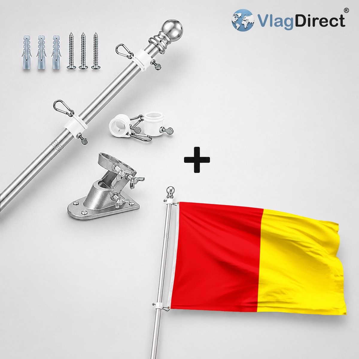 VlagDirect - Compleet vlaggenpakket - Zilveren vlaggenstok inclusief vlaggenstokhouder + Gemeente Luik vlag - 90 x 150 cm.