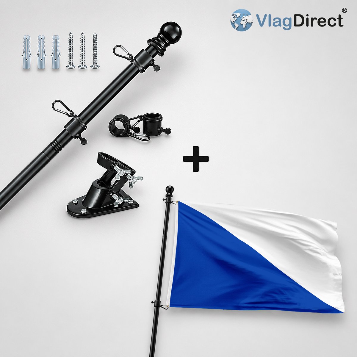 VlagDirect - Compleet vlaggenpakket - Zwarte vlaggenstok inclusief vlaggenstokhouder + Gemeente Leuze-en-Hainaut vlag - 90 x 150 cm.