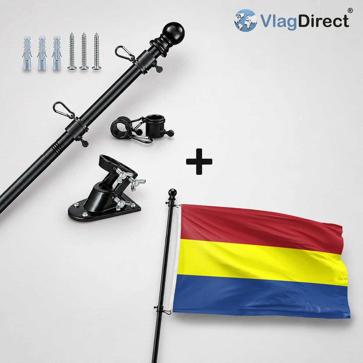 VlagDirect - Compleet vlaggenpakket - Zwarte vlaggenstok inclusief vlaggenstokhouder + Vlaardingen vlag - Gemeente Vlaardingen vlag - 90 x 150 cm.